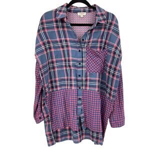 Umgee Blue & Pink Plaid Patchwork Overall Button Down Shirt Womens M Boho